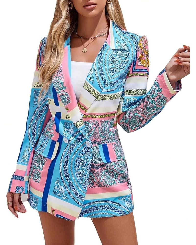 Women's Allover Print Jacket Lapel Neck Double Button Long Sleeve Boho Blazer Blue and Pink $23.96 Blazers