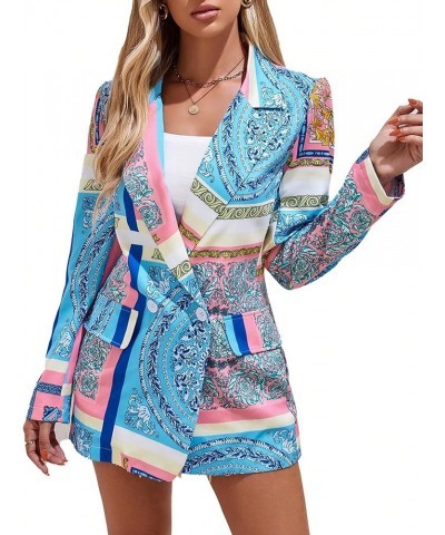 Women's Allover Print Jacket Lapel Neck Double Button Long Sleeve Boho Blazer Blue and Pink $23.96 Blazers