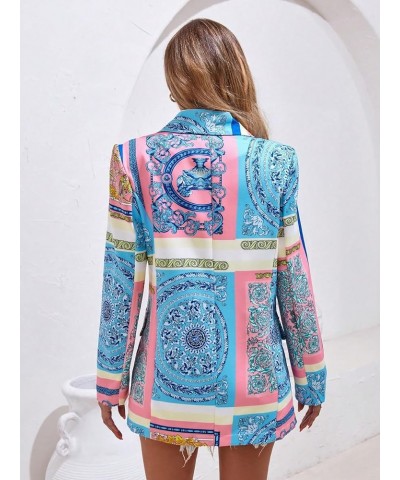 Women's Allover Print Jacket Lapel Neck Double Button Long Sleeve Boho Blazer Blue and Pink $23.96 Blazers