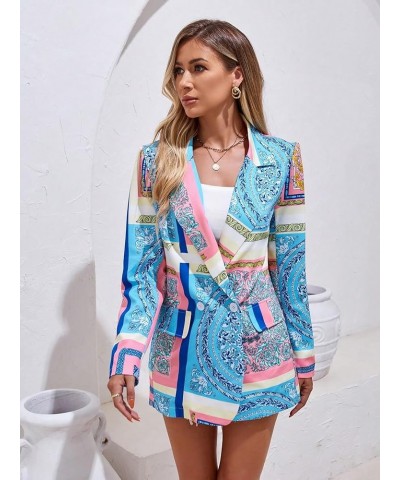 Women's Allover Print Jacket Lapel Neck Double Button Long Sleeve Boho Blazer Blue and Pink $23.96 Blazers