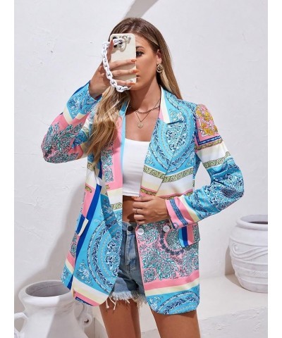 Women's Allover Print Jacket Lapel Neck Double Button Long Sleeve Boho Blazer Blue and Pink $23.96 Blazers