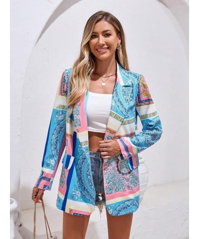 Women's Allover Print Jacket Lapel Neck Double Button Long Sleeve Boho Blazer Blue and Pink $23.96 Blazers