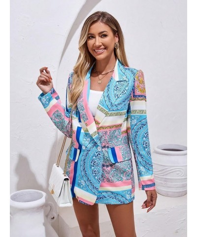 Women's Allover Print Jacket Lapel Neck Double Button Long Sleeve Boho Blazer Blue and Pink $23.96 Blazers