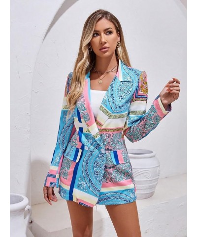 Women's Allover Print Jacket Lapel Neck Double Button Long Sleeve Boho Blazer Blue and Pink $23.96 Blazers