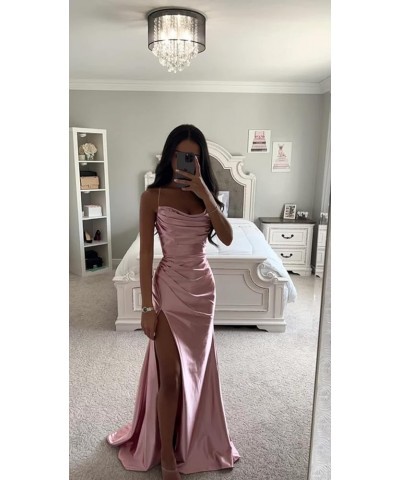 Satin Prom Dresses Long with Slit Cowl Neck Pleated A-Line Formal Gown Bridesmaid Dresses for Women Black $34.19 Dresses