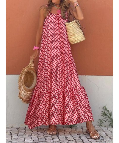 Women Bohemian Floral Print Maxi Dress Spaghetti Strap Backless Flowy Midi Long Dress Smocked Beach Sundress Red $10.96 Dresses