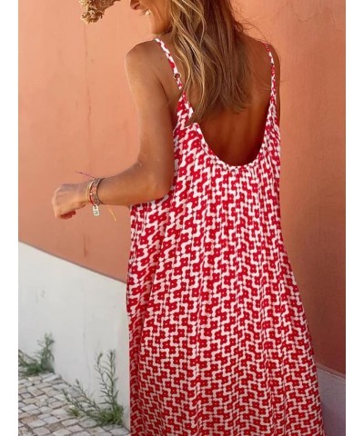 Women Bohemian Floral Print Maxi Dress Spaghetti Strap Backless Flowy Midi Long Dress Smocked Beach Sundress Red $10.96 Dresses