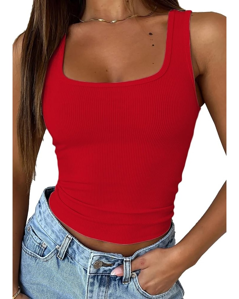 Summer Ribbed Strappy Crop Tops Sleeveless Square Neck Casual Slim Fitted Basic Cropped Tank Cami Red $11.19 Tops