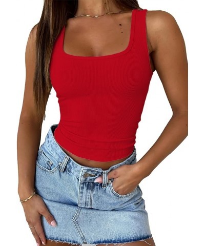 Summer Ribbed Strappy Crop Tops Sleeveless Square Neck Casual Slim Fitted Basic Cropped Tank Cami Red $11.19 Tops