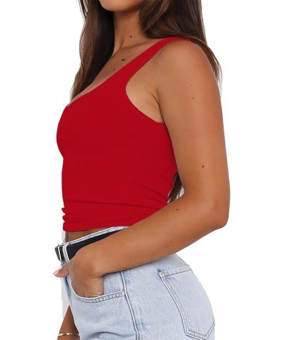 Summer Ribbed Strappy Crop Tops Sleeveless Square Neck Casual Slim Fitted Basic Cropped Tank Cami Red $11.19 Tops