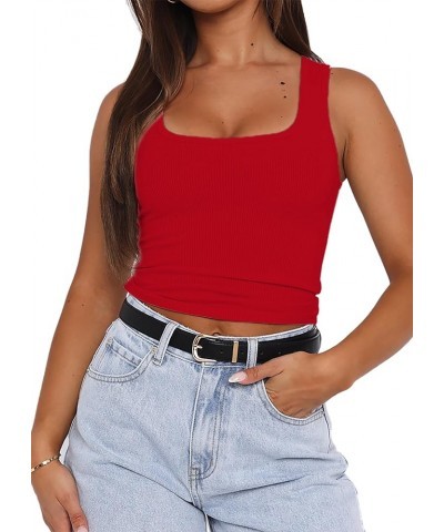 Summer Ribbed Strappy Crop Tops Sleeveless Square Neck Casual Slim Fitted Basic Cropped Tank Cami Red $11.19 Tops