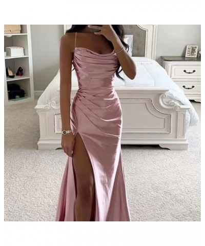 Satin Prom Dresses Long with Slit Cowl Neck Pleated A-Line Formal Gown Bridesmaid Dresses for Women Black $34.19 Dresses