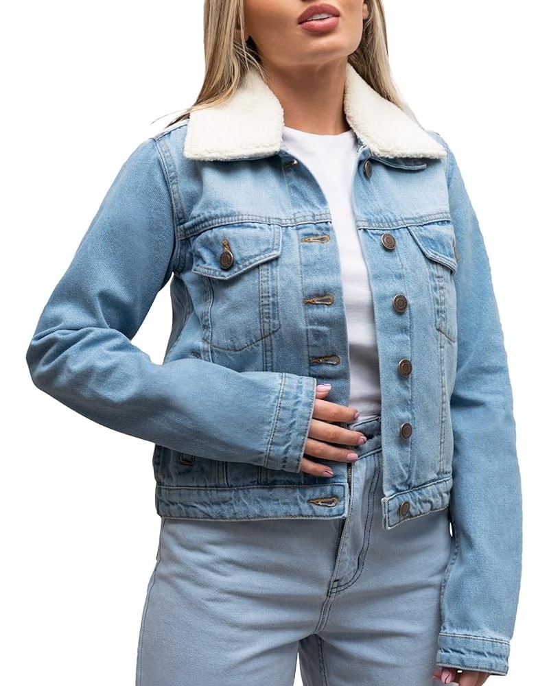 Denim Jacket for Women - Removable Sherpa Faux Fur Collar Womens Jean Jacket - Long Sleeves Winter Trucker Jackets Light Blue...