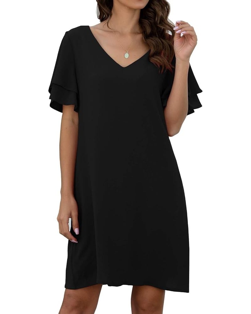 2023 Women's Summer Casual Loose Mini Dress V-Neck Bell Short Sleeve Double Layer Shift Dress 03 Black $11.00 Dresses