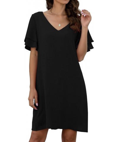 2023 Women's Summer Casual Loose Mini Dress V-Neck Bell Short Sleeve Double Layer Shift Dress 03 Black $11.00 Dresses