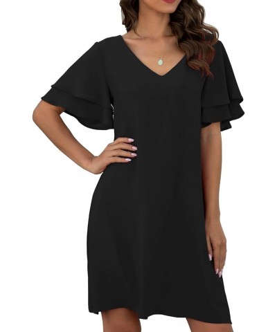 2023 Women's Summer Casual Loose Mini Dress V-Neck Bell Short Sleeve Double Layer Shift Dress 03 Black $11.00 Dresses