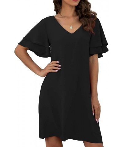 2023 Women's Summer Casual Loose Mini Dress V-Neck Bell Short Sleeve Double Layer Shift Dress 03 Black $11.00 Dresses