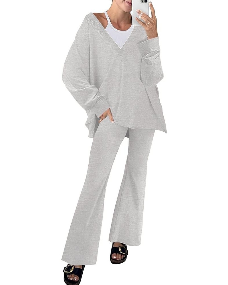 Womens 2Two Piece Outfit Oversized Workout Reversible Long Sleeve Top Flared Legging Lounge Set Tracksuit Lightgrey $14.24 Ac...