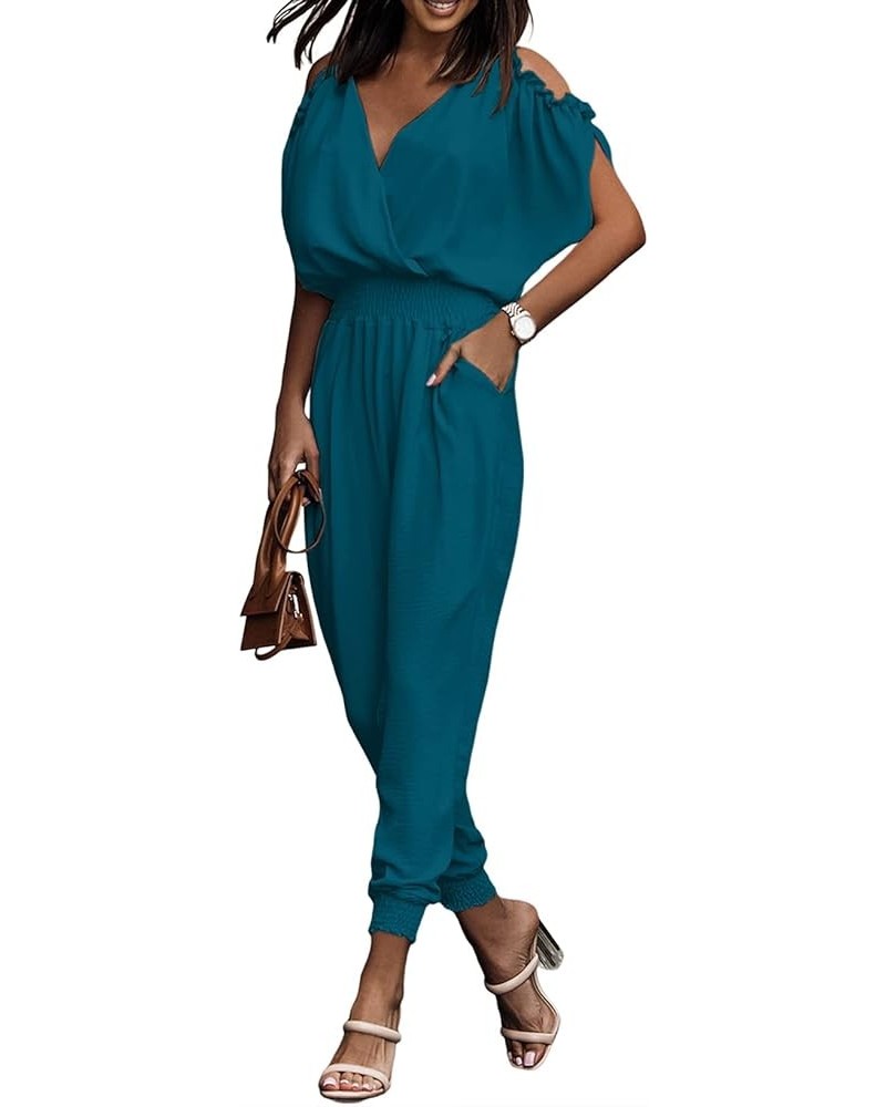 Jumpsuit for Womens Dressy Casual 2024 One Piece Romper Cold Shoulder Outfits for Summer Green $18.06 Jumpsuits