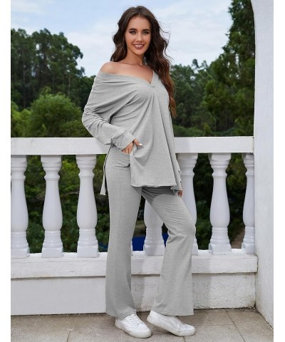 Womens 2Two Piece Outfit Oversized Workout Reversible Long Sleeve Top Flared Legging Lounge Set Tracksuit Lightgrey $14.24 Ac...