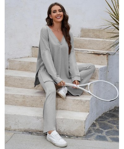 Womens 2Two Piece Outfit Oversized Workout Reversible Long Sleeve Top Flared Legging Lounge Set Tracksuit Lightgrey $14.24 Ac...