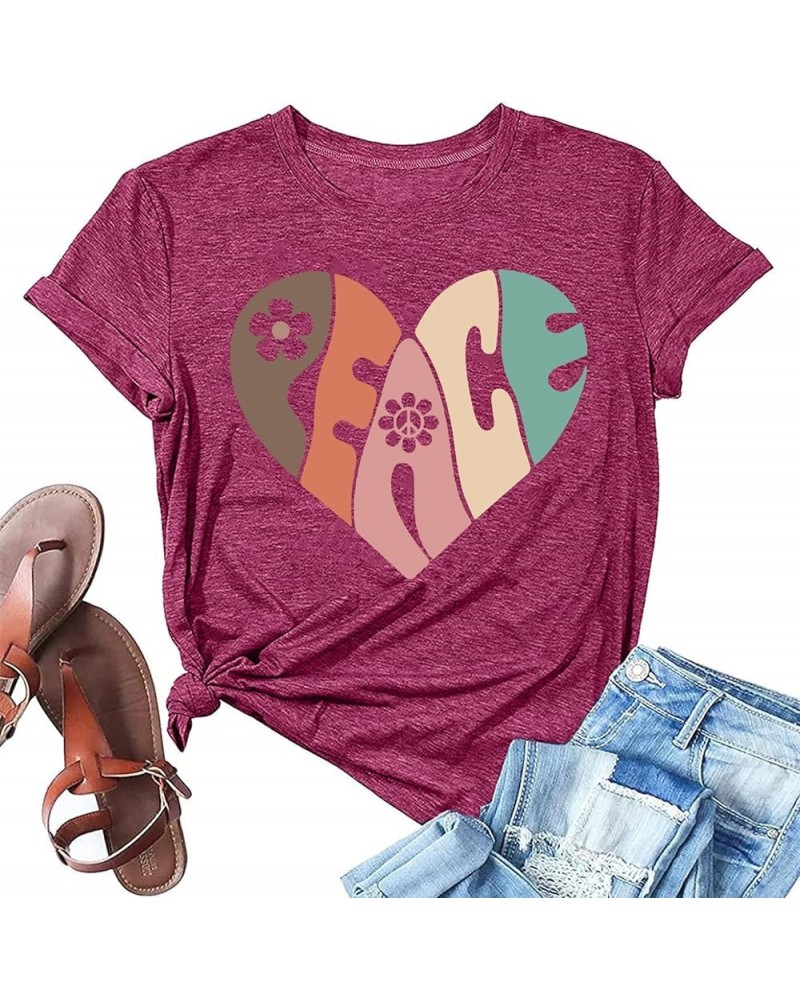 Peace Love Shirts Women Hippie Soul Inspirational Vintage Short Sleeve Graphic Tees Tops T10-darkred $13.33 T-Shirts