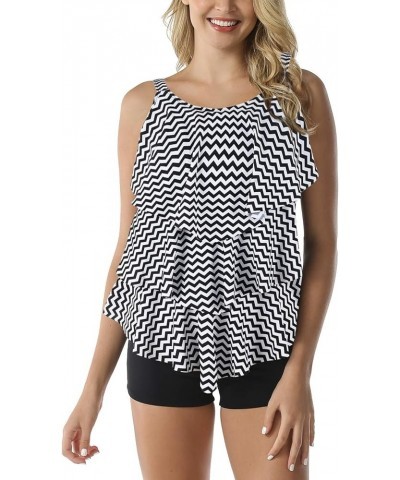 Women's Tankini Swimsuit Two Pieces Set Ruffle Swimwear Bathingsuit with Boyshort Black&white Stripe $19.12 Swimsuits