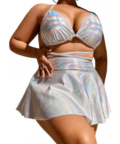 Women's 3 Piece Swimsuit Metallic Halter Triangle Bikini Set with Beach Skirt Plus Sliver $17.99 Swimsuits