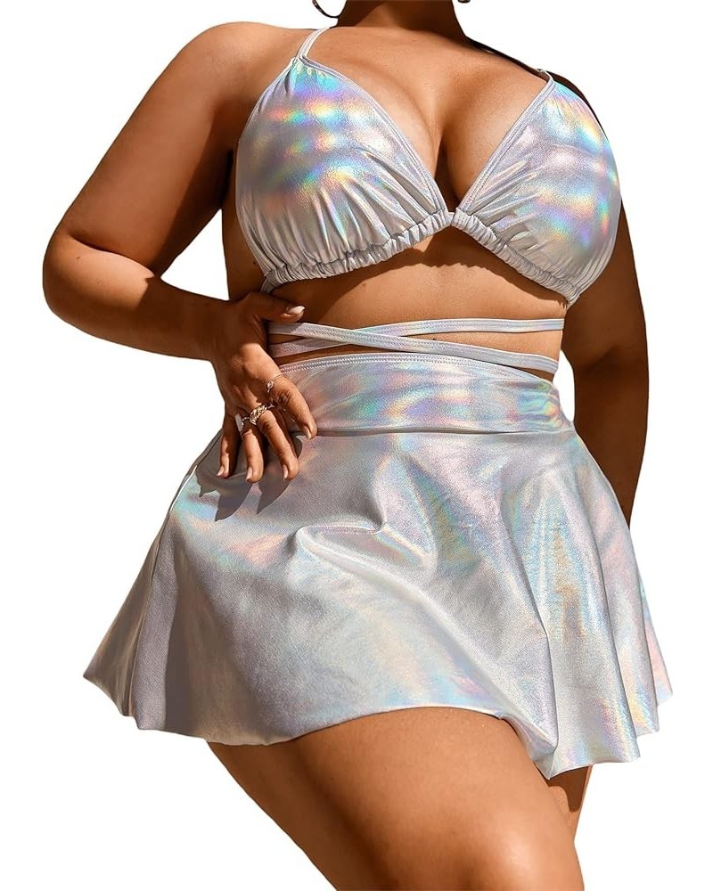 Women's 3 Piece Swimsuit Metallic Halter Triangle Bikini Set with Beach Skirt Plus Sliver $17.99 Swimsuits