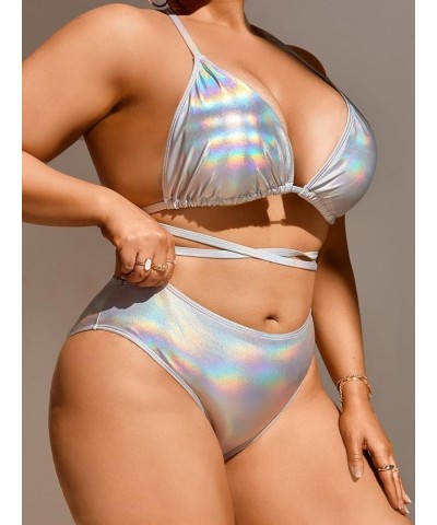 Women's 3 Piece Swimsuit Metallic Halter Triangle Bikini Set with Beach Skirt Plus Sliver $17.99 Swimsuits