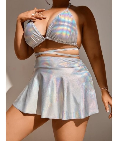 Women's 3 Piece Swimsuit Metallic Halter Triangle Bikini Set with Beach Skirt Plus Sliver $17.99 Swimsuits