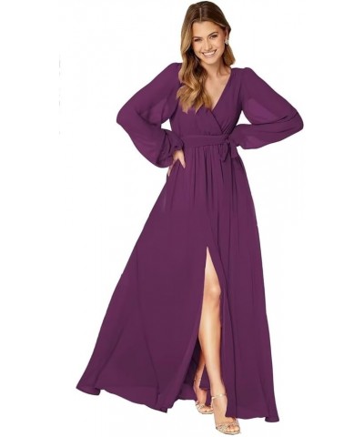 Long Sleeve Bridesmaid Dresses for Women Pleated Chiffon Slit Formal Evening Dresses with Pockets Plum $29.06 Dresses