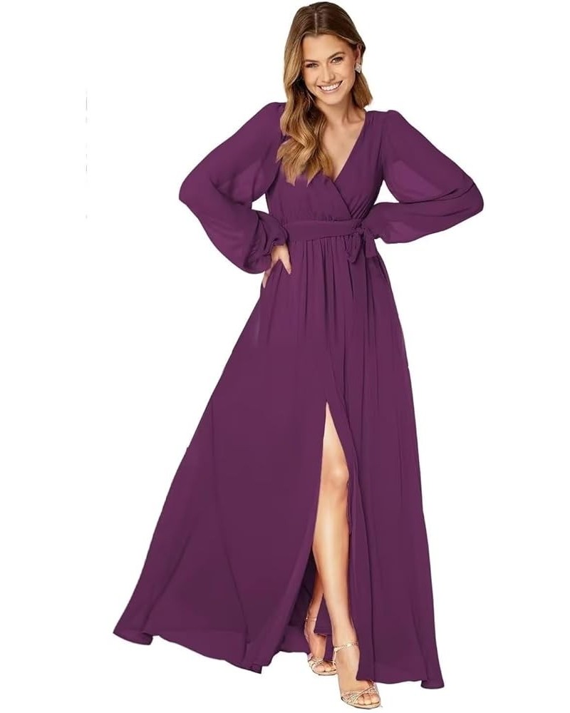 Long Sleeve Bridesmaid Dresses for Women Pleated Chiffon Slit Formal Evening Dresses with Pockets Plum $29.06 Dresses