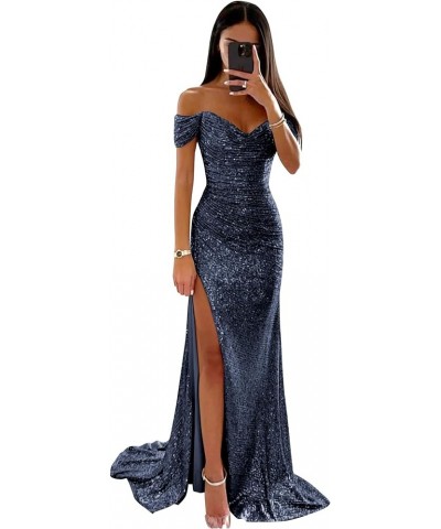 Sequin Prom Dresses for Women Off Shoulder V-Neck Long Ball Gown with Slit Formal Evening Party Navy Blue $23.01 Dresses