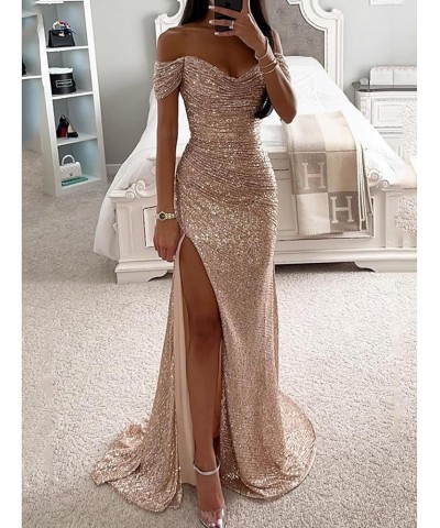 Sequin Prom Dresses for Women Off Shoulder V-Neck Long Ball Gown with Slit Formal Evening Party Navy Blue $23.01 Dresses