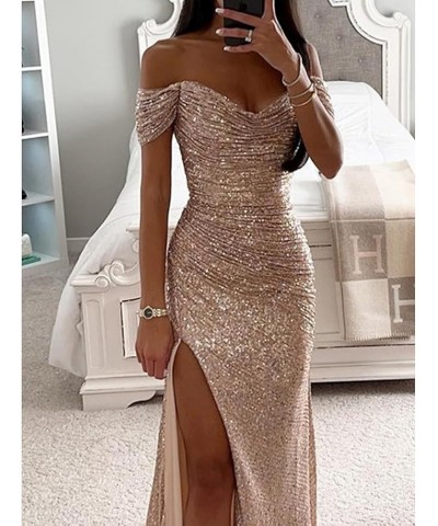 Sequin Prom Dresses for Women Off Shoulder V-Neck Long Ball Gown with Slit Formal Evening Party Navy Blue $23.01 Dresses