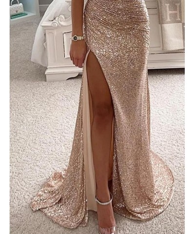 Sequin Prom Dresses for Women Off Shoulder V-Neck Long Ball Gown with Slit Formal Evening Party Navy Blue $23.01 Dresses