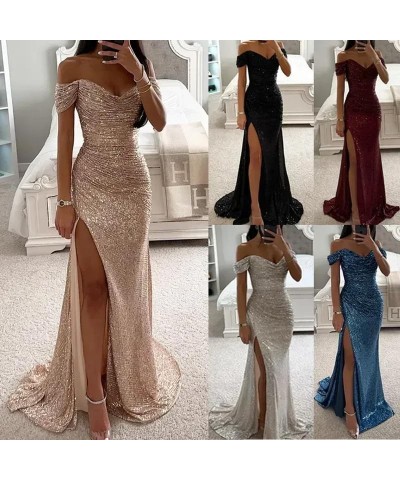 Sequin Prom Dresses for Women Off Shoulder V-Neck Long Ball Gown with Slit Formal Evening Party Navy Blue $23.01 Dresses