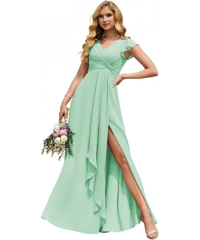 Women's Ruffle Sleeve Chiffon Bridesmaid Dresses Long with Slit V Neck Formal Evening Gowns Mint Green $28.60 Dresses