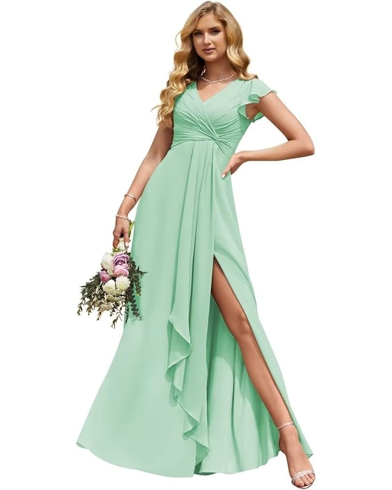 Women's Ruffle Sleeve Chiffon Bridesmaid Dresses Long with Slit V Neck Formal Evening Gowns Mint Green $28.60 Dresses