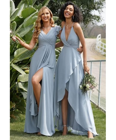 Women's Ruffle Sleeve Chiffon Bridesmaid Dresses Long with Slit V Neck Formal Evening Gowns Mint Green $28.60 Dresses