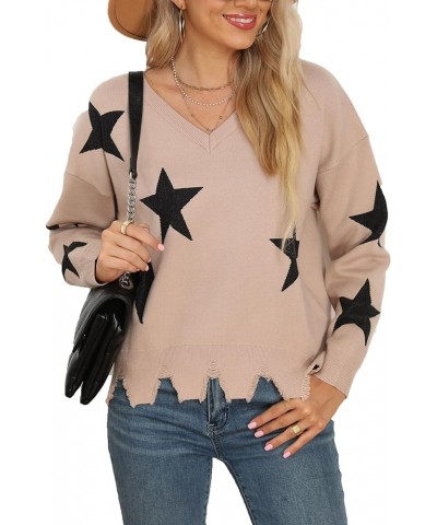 Women's V-Neck Pullover Sweaters Long Sleeve Crop Top Star Knit Jumper Loose Knitted Sweater 1-light Camel $17.35 Sweaters