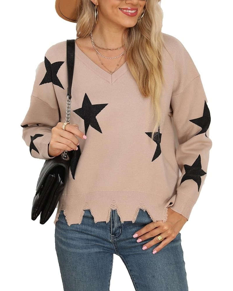 Women's V-Neck Pullover Sweaters Long Sleeve Crop Top Star Knit Jumper Loose Knitted Sweater 1-light Camel $17.35 Sweaters