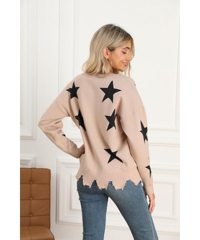 Women's V-Neck Pullover Sweaters Long Sleeve Crop Top Star Knit Jumper Loose Knitted Sweater 1-light Camel $17.35 Sweaters