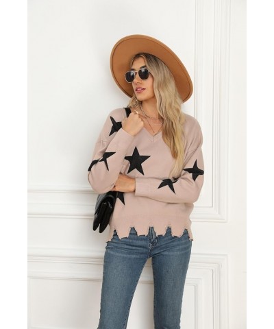 Women's V-Neck Pullover Sweaters Long Sleeve Crop Top Star Knit Jumper Loose Knitted Sweater 1-light Camel $17.35 Sweaters