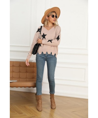 Women's V-Neck Pullover Sweaters Long Sleeve Crop Top Star Knit Jumper Loose Knitted Sweater 1-light Camel $17.35 Sweaters