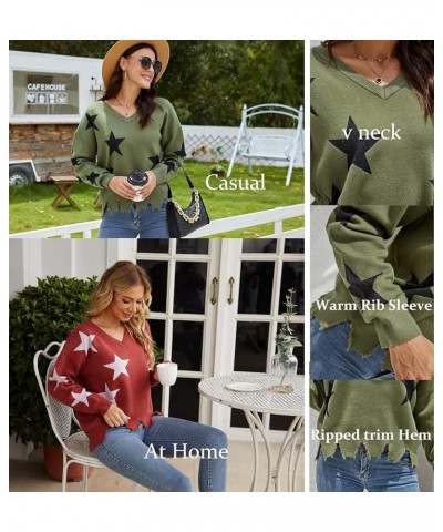 Women's V-Neck Pullover Sweaters Long Sleeve Crop Top Star Knit Jumper Loose Knitted Sweater 1-light Camel $17.35 Sweaters