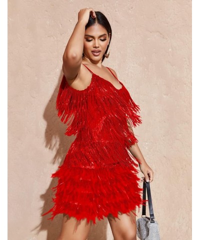 Women's Sequin Cocktail Dresses 1920s Flapper Dress Gatsby Fringe Mini Dresses Feather Prom Party Dress A-red $41.56 Dresses