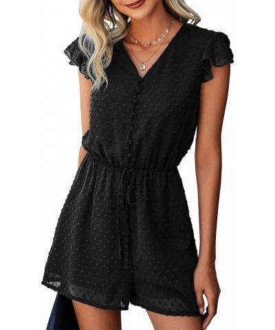 Women 2024 Summer Fashion V Neck Wrap Rompers Swiss Dot Pocketed Elastic Waist Short Sleeve Beach Shorts Jumpsuit Button Blac...