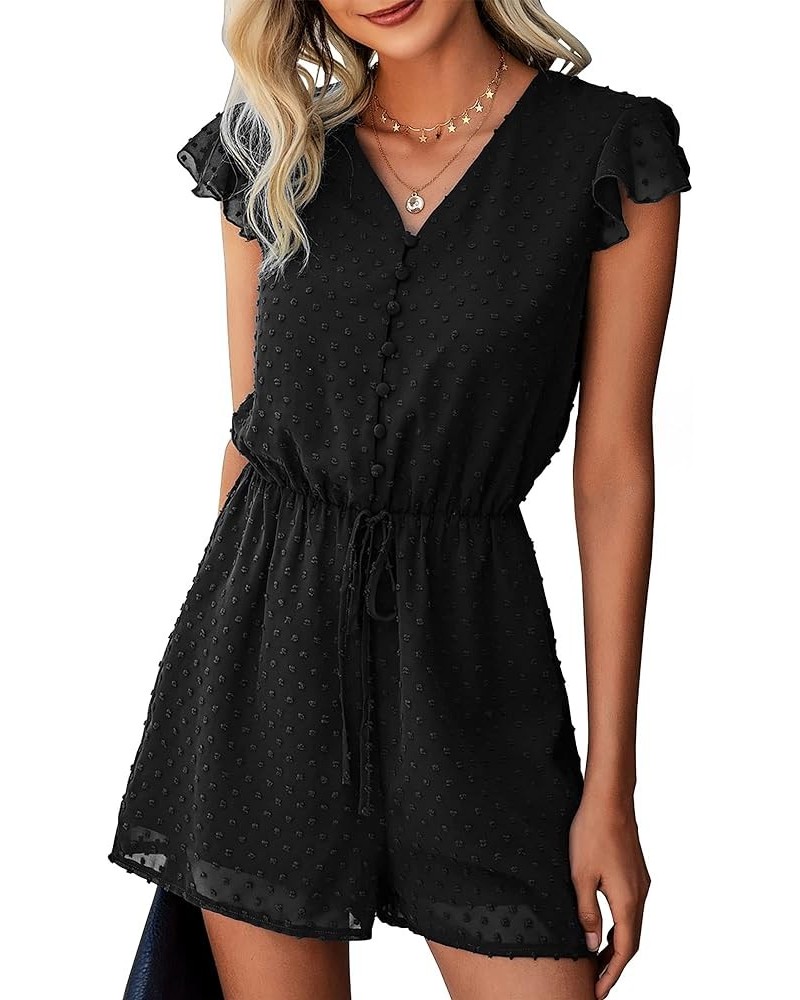 Women 2024 Summer Fashion V Neck Wrap Rompers Swiss Dot Pocketed Elastic Waist Short Sleeve Beach Shorts Jumpsuit Button Blac...